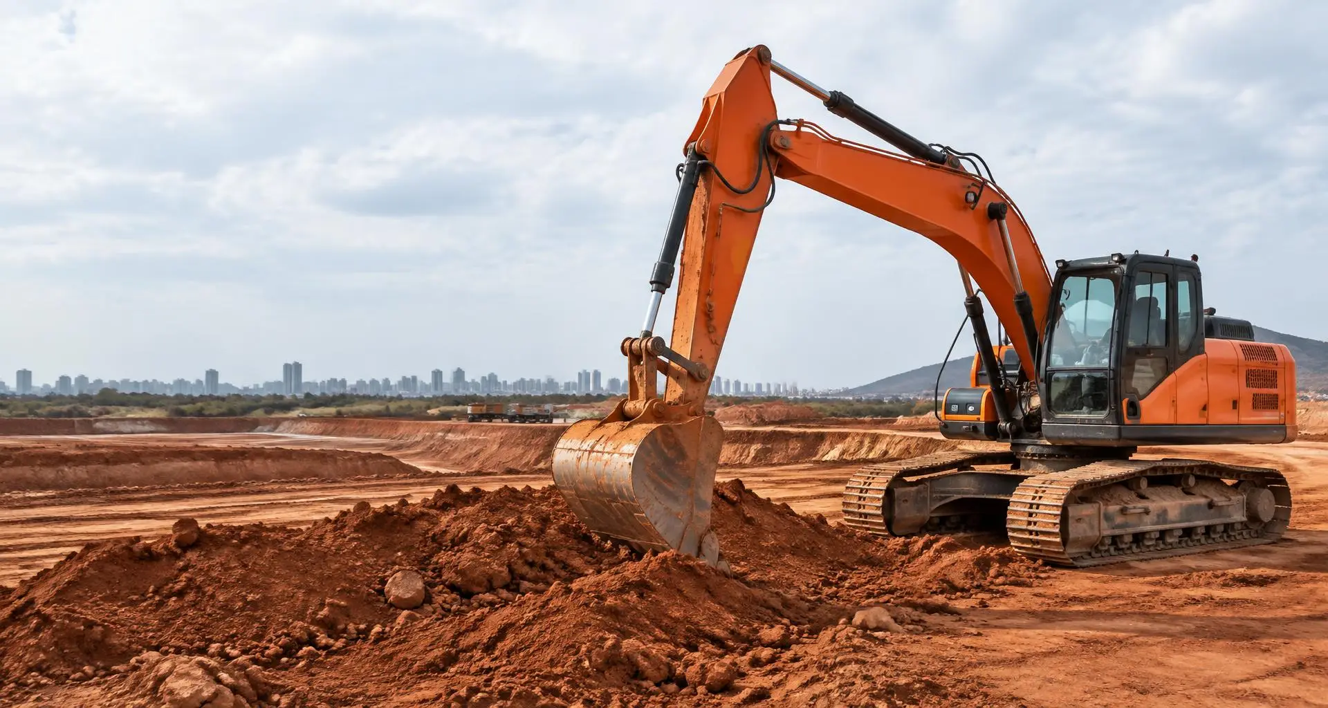 Escavadeira em terreno de construção